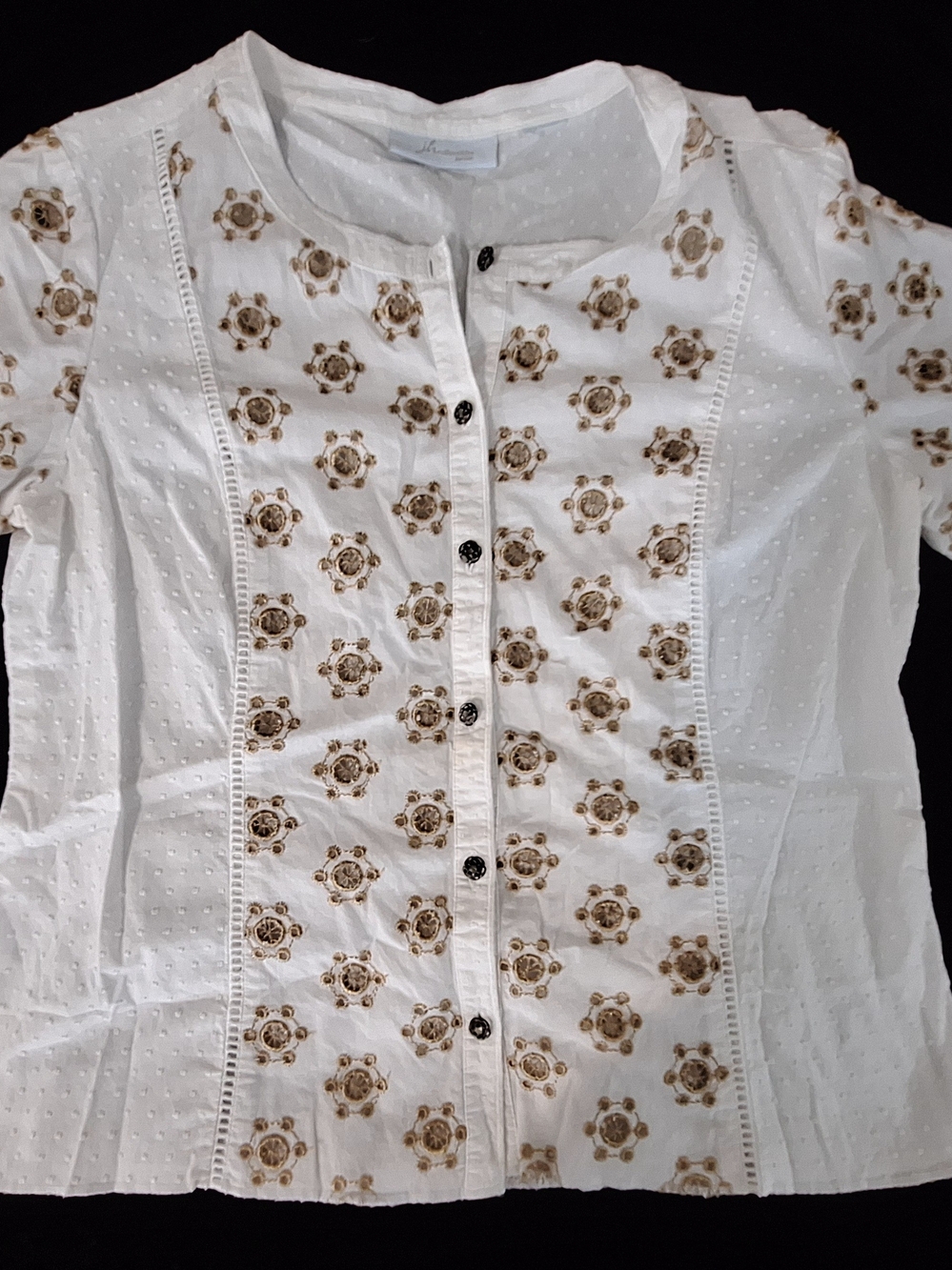 White Dot Embroidered Button-Front Blouse with Brown Floral Motif